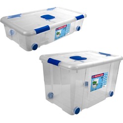 2x Opbergboxen/opbergdozen met deksel en wieltjes 30 en 55 liter kunststof transparant/blauw - Opbergbox