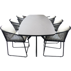 Set van Calma high dining tafel 270x100x95 cm en 6 Bara high dining chairs alu black/rope black/wool white AW incl. kussens