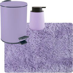 MSV badkamer droogloop tapijt langharig 50x70 cm - pedaalemmer 3L - zeeppompje 300 ml - lila paars - Badmatjes