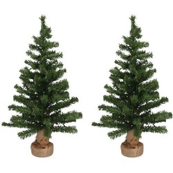 2x Mini kunst kerstbomen in jute zak met licht 75 cm - Kunstkerstboom