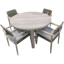 Tuinset Lily tafel teak dia. 130 cm met 4 stoelen Jago stoel teak, camel inclusief light grey kussen