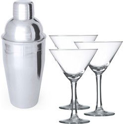 6x Cocktailglazen / martiniglazen 190 ml + cocktailshaker semi-matte 550 ml RVS - Cocktailglazen