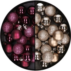 40x stuks kleine plastic kerstballen champagne en aubergine paars 3 cm - Kerstbal