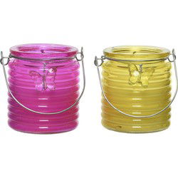 Citronella kaars - 2x - in windlicht - roze en geel - 20 branduren - citrusgeur - geurkaarsen