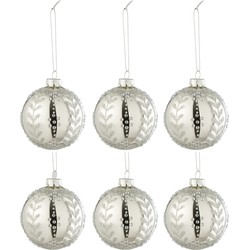 J-line - Doos Van 6 Kerstballen Blaadjes Glitter Glas Blinkend Zilver Small - 8.5x8.5x10cm