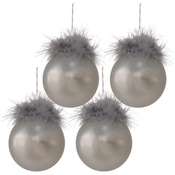 Clayre & Eef Kerstbal Set van 4  Ø 8 cm Zilverkleurig Wit Glas Kerstboomversiering