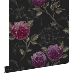 ESTAhome behang hortensia's zwart en aubergine paars - 53 cm x 10,05 m - 128025