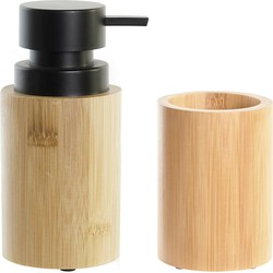 Badkamer accessoires setje drinkbeker en zeeppompje 16 cm bamboe - Zeeppompjes