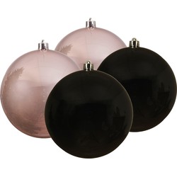 Kunststof kerstballen 4x stuks zwart en lichtroze 14 cm - Kerstbal