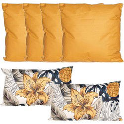 Bank/tuin kussens set - binnen/buiten - 6x stuks - okergeel/tropical summer - In 2 formaten laag/hoog - Sierkussens