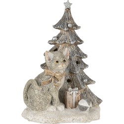 Clayre & Eef Beeld Kat 12x9x16 cm LED Grijs Wit Polyresin Kerstdecoratie