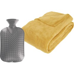 Fleece deken/plaid Okergeel 230 x 180 cm en een warmwater kruik 2 liter - Plaids