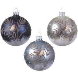 Decoris luxe kerstballen - 6x - vogel - blauw en zilver - glas - 8 cm - Kerstbal