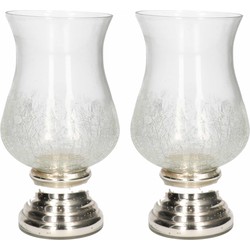 2x Craquele glazen kaarsenhouders voor theelichtjes/waxinelichtjes met zilveren voet 24 cm - Waxinelichtjeshouders