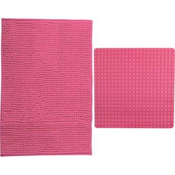 MSV Douche anti-slip mat en droogloop mat - Sevilla badkamer set - rubber/microvezel - fuchsia roze - Badmatjes