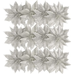 12x stuks glitter decoratie bloemen op clip zilver 9.5 cm - Kunstbloemen