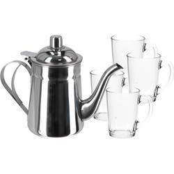 Rvs theepot zilver van 1 liter met 6x stuks theeglazen Luminarc van 320 ml - Theepotten