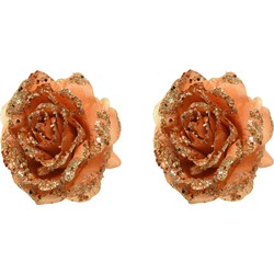 2x stuks decoratie bloemen roos terra bruin glitter op clip 14 cm - Kunstbloemen