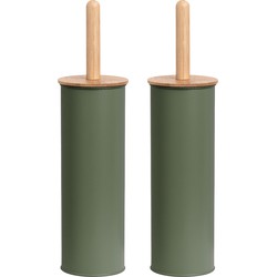 2x Stuks WC/Toiletborstel in houder metaal/bamboe hout - salie groen - 38 x 10 cm - Toiletborstels