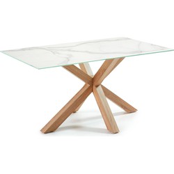 Kave Home - Argo tafel in wit porselein met hout-effect stalen poten 160 x 90 cm