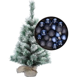 Besneeuwde mini kerstboom/kunst kerstboom 35 cm met kerstballen donkerblauw - Kunstkerstboom