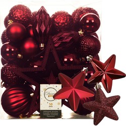 56x stuks kunststof kerstballen en ornamenten met ster piek donkerrood - Kerstbal