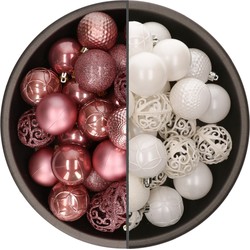 74x stuks kunststof kerstballen mix van wit en oudroze 6 cm - Kerstbal
