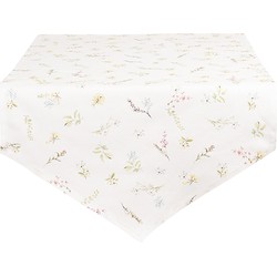 Clayre & Eef Tafelloper  50x160 cm Wit Roze Katoen Bloemen Tafelkleed