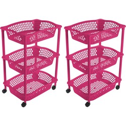 2x stuks keuken opberg trolleys/roltafels met 3 manden 62 cm fuchsia roze - Opberg trolley