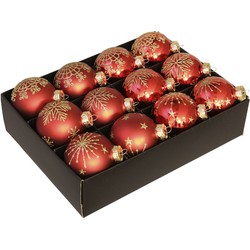 12x Glazen gedecoreerde kerstballen rood 7,5 cm - Kerstbal