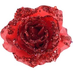 Rode glitter roos met clip 14 cm - Kersthangers