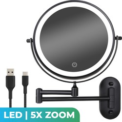 Mirlux Make Up Spiegel met LED Verlichting - 5X Vergroting - Wandspiegel Rond - Scheerspiegel Wandmodel - Badkamer - Douche - Zwart