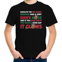 Bellatio Decorations kerst t-shirt voor kinderen - Rudolf rendier lied - zwart S (110-116) - kerst t-shirts kind
