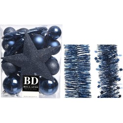 Kerstversiering kerstballen 5-6-8 cm met ster piek en folieslingers pakket donkerblauw van 35x stuks - Kerstbal