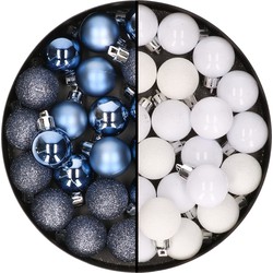 Kleine kunststof kerstversiering 40x stuks set en 3 cm kerstballen in het wit en donkerblauw - Kerstbal