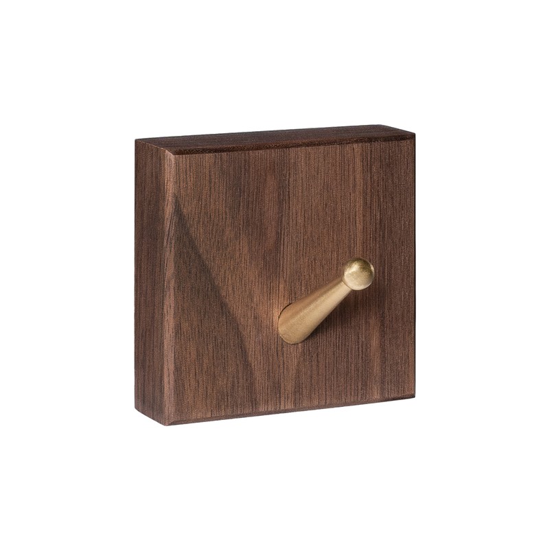 QUVIO Wandhaak houten vierkant met metalen haakje - Donker hout + goud - 