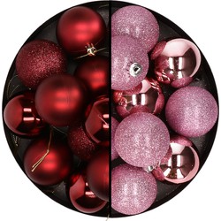 24x stuks kunststof kerstballen mix van donkerrood en roze 6 cm - Kerstbal