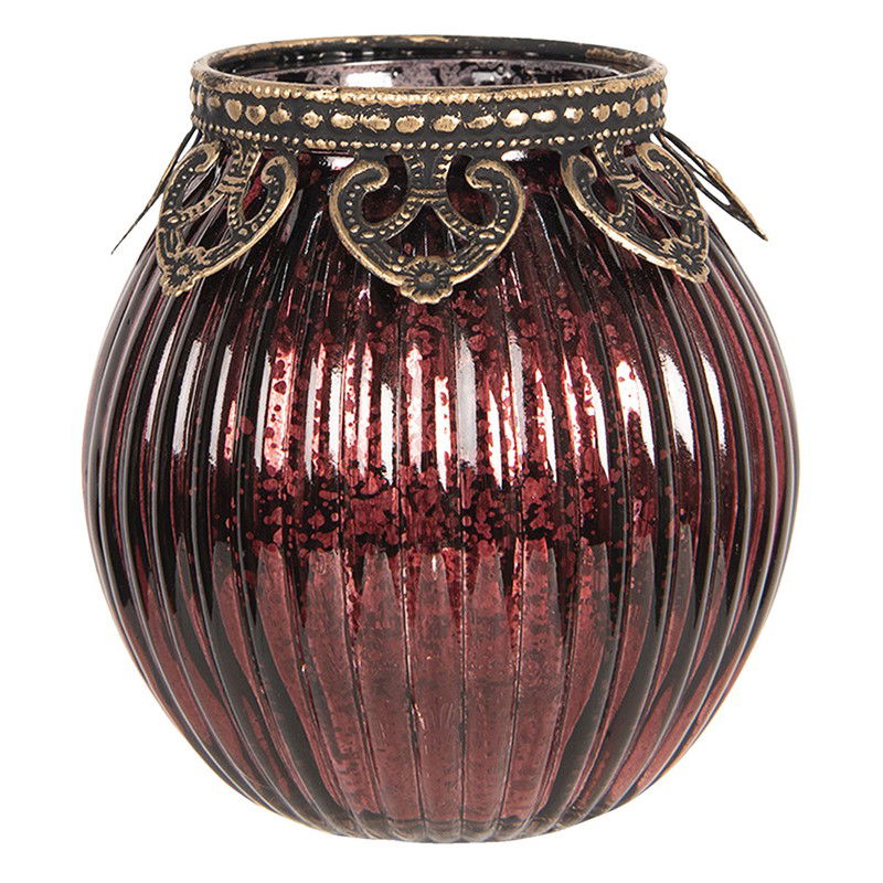 Clayre & Eef Theelichthouder Ø 9x9 cm Rood Goudkleurig Glas - 