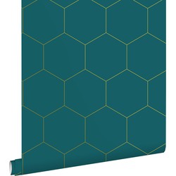 ESTAhome behang hexagon petrolblauw en goud - 0,53 x 10,05 m - 139455