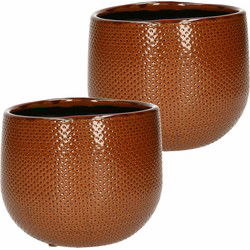 Set van 3x stuks bloempotten bruin ribbels keramiek voor kamerplant H14 x D16 cm - Plantenpotten