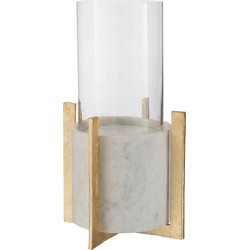 J-line - Windlicht Glas Voet Marmer/metaal Grijs/champagne Large - 23.5x23.5x38.5cm