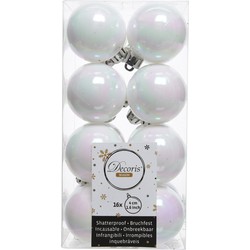 Decoris kleine kerstballen - 16x st - wit parelmoer - 4 cm - kunststof - Kerstbal