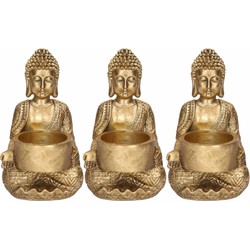 3x Decoratie boeddha beeldje met theelichthouder goud zittend 14 cm - Waxinelichtjeshouders
