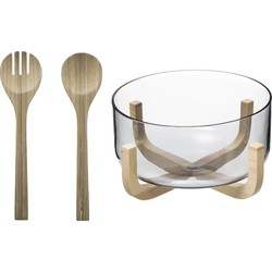 Secret de Gourmet Slakom/schaal met slacouvert - Glas/hout - D24 cm - Saladeschalen