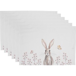 Clayre & Eef Placemats Set van 6  48x33 cm Wit Bruin Katoen Rechthoek Konijn Tafelmat