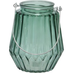 Theelichthouders/waxinelichthouders streepjes glas zeegroen met metalen handvat 11 x 13 cm - Waxinelichtjeshouders