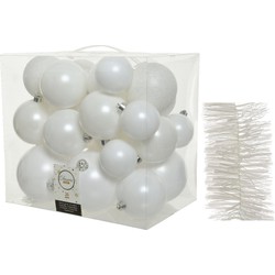 Kerstversiering kunststof kerstballen 6-8-10 cm met folieslingers pakket winter wit van 28x stuks - Kerstbal