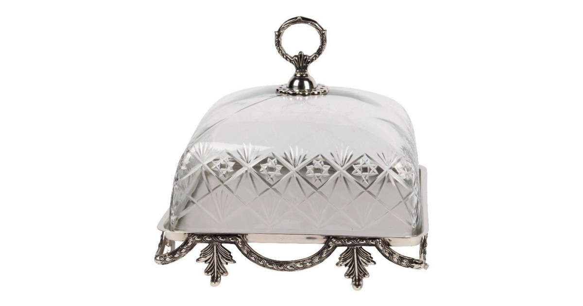 Presenteerschaal met stolp - glas 26x27x27cm / Plate with cover Zilver Baroque