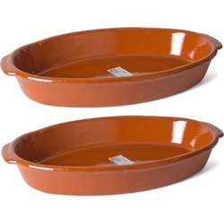 Set van 2x stuks bruine ovale ovenschaal/braadsledes van aardewerk klein 35 x 19 x 6 cm - Ovenschalen