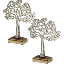 2x Stuks decoratie levensboom van aluminium op houten voet 30 cm zilver - Beeldjes
